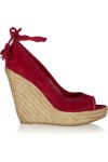 Sergio Rossi Cherry Red Suede Peep Toe Raffia Platform Wedge